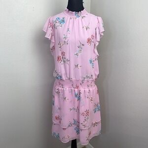 1.State Midi Dress Women's 1XL‎ Pink Floral Smocked Waist Ruffle Flutter Sleeve